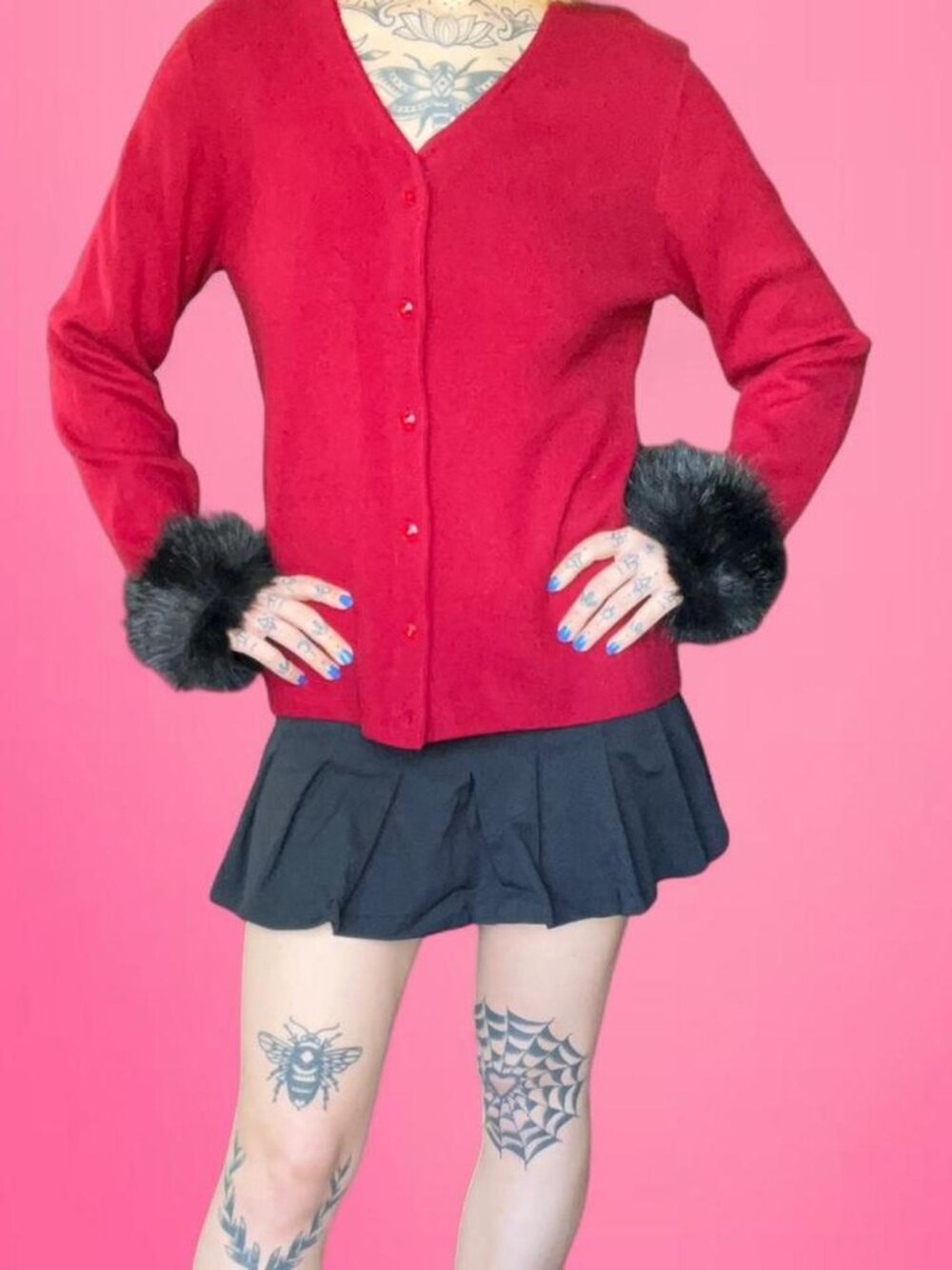 Vintage 90s Y2K Carole Little Red cardigan with faux fur cuffs